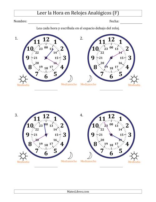 La hoja de ejercicios de Leer la Hora en Relojes Analógicos de 24 Horas en Intervalos de 5 Minuto (4 Relojes Grandes) (F)