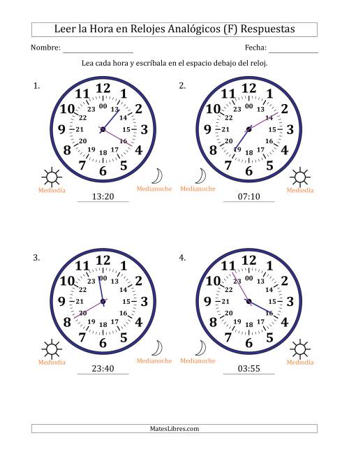 La hoja de ejercicios de Leer la Hora en Relojes Analógicos de 24 Horas en Intervalos de 5 Minuto (4 Relojes Grandes) (F) Página 2