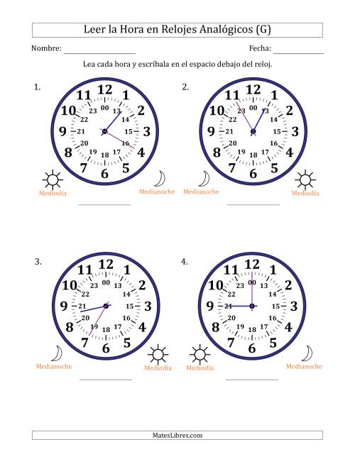 La hoja de ejercicios de Leer la Hora en Relojes Analógicos de 24 Horas en Intervalos de 5 Minuto (4 Relojes Grandes) (G)