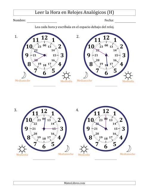 La hoja de ejercicios de Leer la Hora en Relojes Analógicos de 24 Horas en Intervalos de 5 Minuto (4 Relojes Grandes) (H)