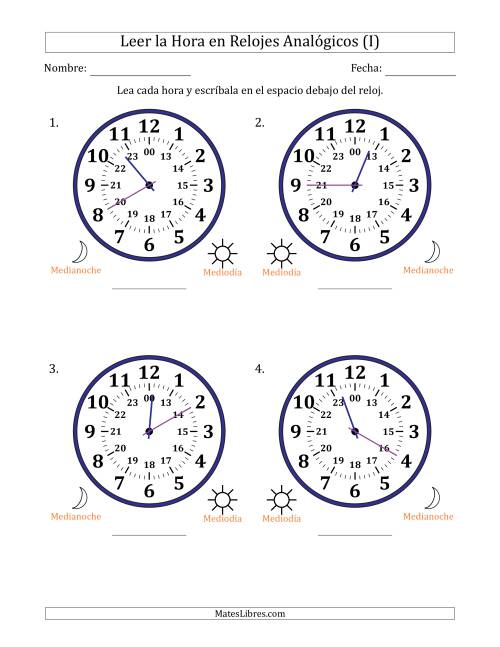 La hoja de ejercicios de Leer la Hora en Relojes Analógicos de 24 Horas en Intervalos de 5 Minuto (4 Relojes Grandes) (I)