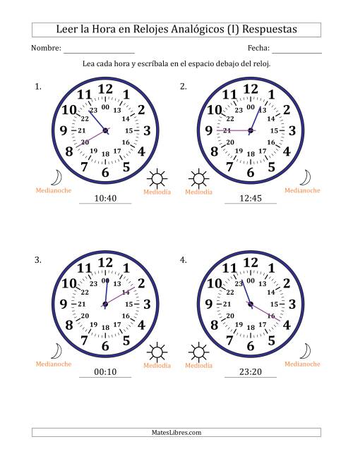 La hoja de ejercicios de Leer la Hora en Relojes Analógicos de 24 Horas en Intervalos de 5 Minuto (4 Relojes Grandes) (I) Página 2