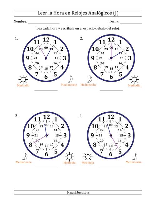 La hoja de ejercicios de Leer la Hora en Relojes Analógicos de 24 Horas en Intervalos de 5 Minuto (4 Relojes Grandes) (J)