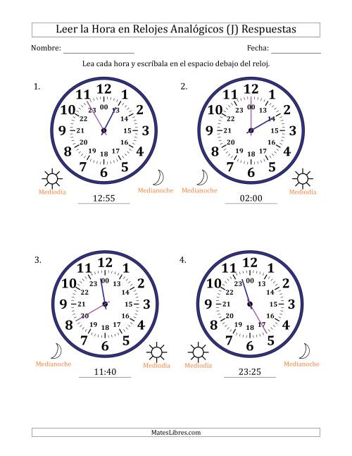 La hoja de ejercicios de Leer la Hora en Relojes Analógicos de 24 Horas en Intervalos de 5 Minuto (4 Relojes Grandes) (J) Página 2