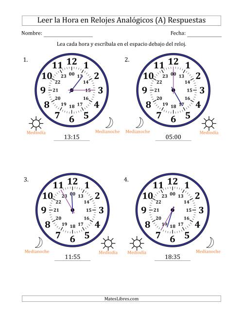 La hoja de ejercicios de Leer la Hora en Relojes Analógicos de 24 Horas en Intervalos de 5 Minuto (4 Relojes Grandes) (Todas) Página 2