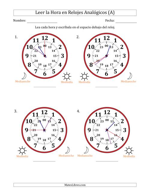 La hoja de ejercicios de Leer la Hora en Relojes Analógicos de 24 Horas en Intervalos de 5 Segundo (4 Relojes Grandes) (A)