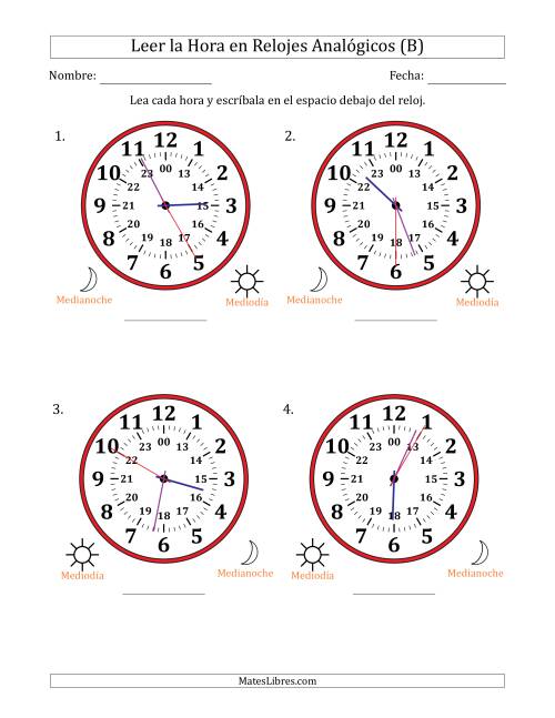 La hoja de ejercicios de Leer la Hora en Relojes Analógicos de 24 Horas en Intervalos de 5 Segundo (4 Relojes Grandes) (B)