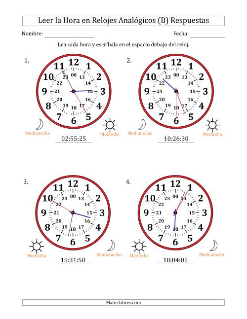 La hoja de ejercicios de Leer la Hora en Relojes Analógicos de 24 Horas en Intervalos de 5 Segundo (4 Relojes Grandes) (B) Página 2