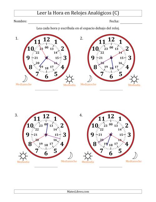 La hoja de ejercicios de Leer la Hora en Relojes Analógicos de 24 Horas en Intervalos de 5 Segundo (4 Relojes Grandes) (C)