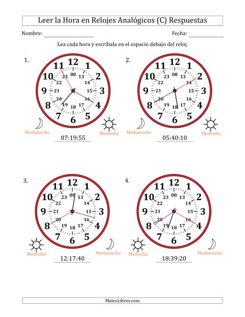 La hoja de ejercicios de Leer la Hora en Relojes Analógicos de 24 Horas en Intervalos de 5 Segundo (4 Relojes Grandes) (C) Página 2