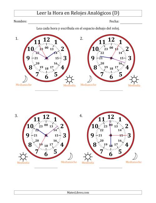 La hoja de ejercicios de Leer la Hora en Relojes Analógicos de 24 Horas en Intervalos de 5 Segundo (4 Relojes Grandes) (D)