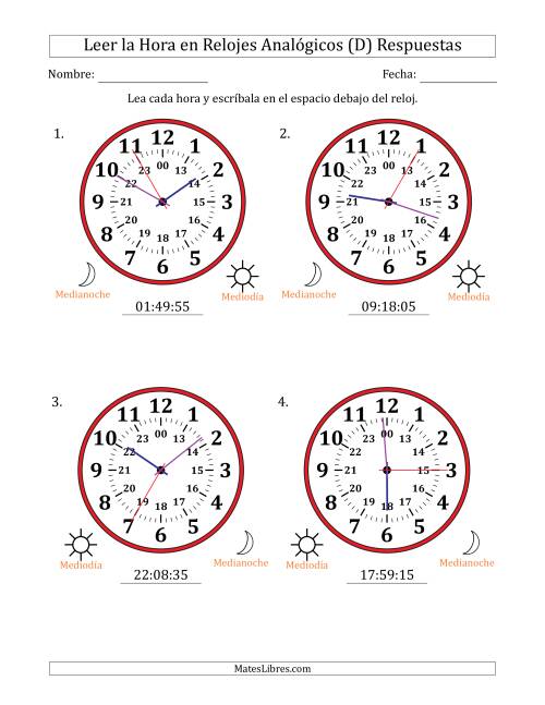 La hoja de ejercicios de Leer la Hora en Relojes Analógicos de 24 Horas en Intervalos de 5 Segundo (4 Relojes Grandes) (D) Página 2