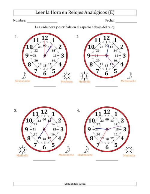 La hoja de ejercicios de Leer la Hora en Relojes Analógicos de 24 Horas en Intervalos de 5 Segundo (4 Relojes Grandes) (E)