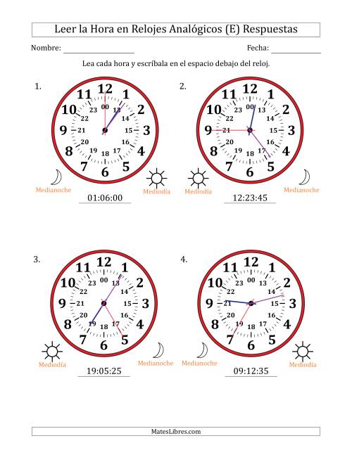 La hoja de ejercicios de Leer la Hora en Relojes Analógicos de 24 Horas en Intervalos de 5 Segundo (4 Relojes Grandes) (E) Página 2