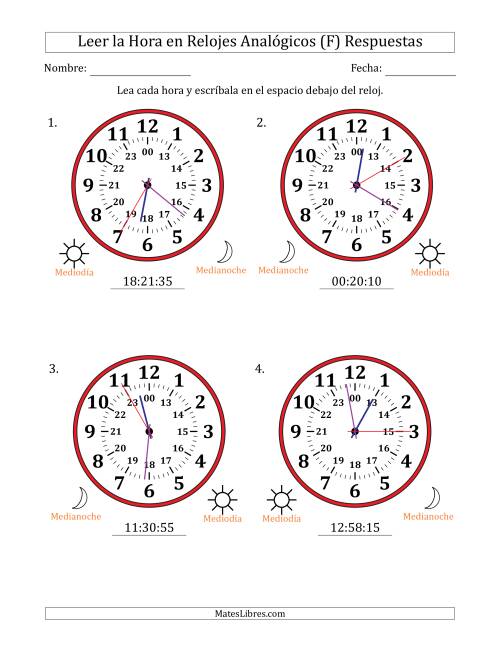 La hoja de ejercicios de Leer la Hora en Relojes Analógicos de 24 Horas en Intervalos de 5 Segundo (4 Relojes Grandes) (F) Página 2