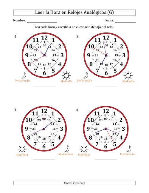 La hoja de ejercicios de Leer la Hora en Relojes Analógicos de 24 Horas en Intervalos de 5 Segundo (4 Relojes Grandes) (G)