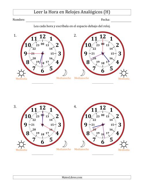 La hoja de ejercicios de Leer la Hora en Relojes Analógicos de 24 Horas en Intervalos de 5 Segundo (4 Relojes Grandes) (H)