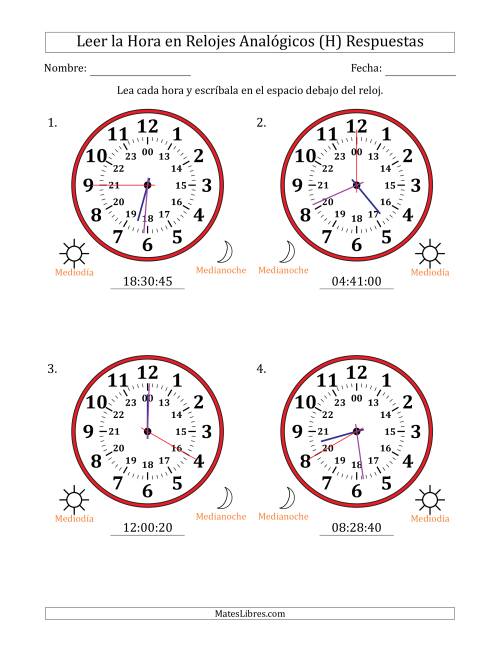 La hoja de ejercicios de Leer la Hora en Relojes Analógicos de 24 Horas en Intervalos de 5 Segundo (4 Relojes Grandes) (H) Página 2