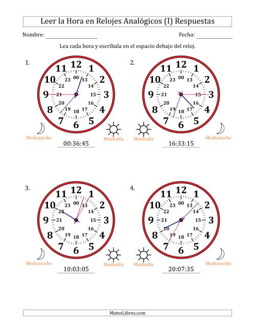 La hoja de ejercicios de Leer la Hora en Relojes Analógicos de 24 Horas en Intervalos de 5 Segundo (4 Relojes Grandes) (I) Página 2