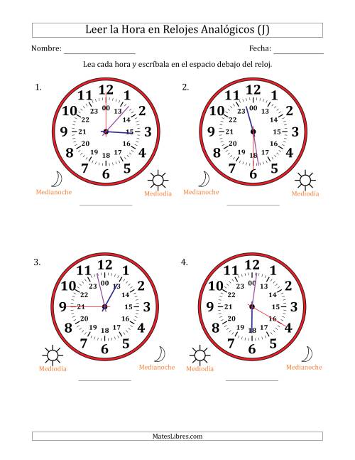 La hoja de ejercicios de Leer la Hora en Relojes Analógicos de 24 Horas en Intervalos de 5 Segundo (4 Relojes Grandes) (J)