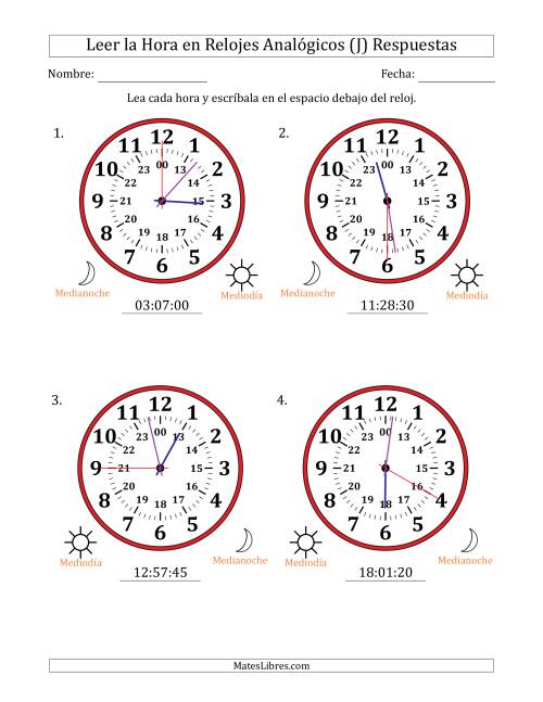 La hoja de ejercicios de Leer la Hora en Relojes Analógicos de 24 Horas en Intervalos de 5 Segundo (4 Relojes Grandes) (J) Página 2