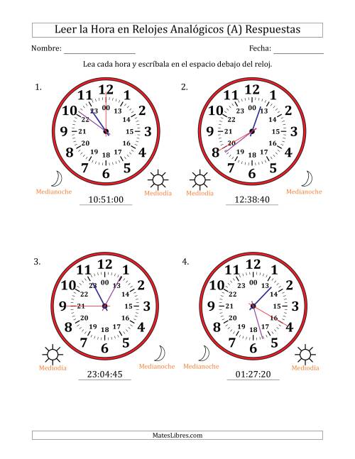 La hoja de ejercicios de Leer la Hora en Relojes Analógicos de 24 Horas en Intervalos de 5 Segundo (4 Relojes Grandes) (Todas) Página 2