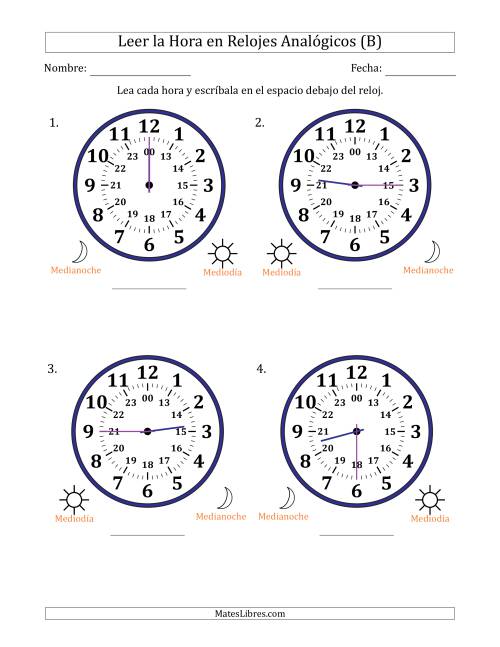La hoja de ejercicios de Leer la Hora en Relojes Analógicos de 24 Horas en Intervalos de 15 Minuto (4 Relojes Grandes) (B)