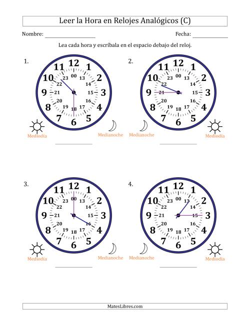 La hoja de ejercicios de Leer la Hora en Relojes Analógicos de 24 Horas en Intervalos de 15 Minuto (4 Relojes Grandes) (C)