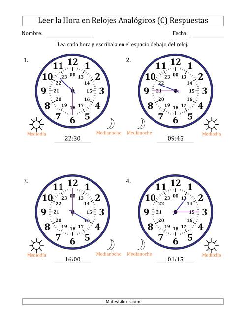La hoja de ejercicios de Leer la Hora en Relojes Analógicos de 24 Horas en Intervalos de 15 Minuto (4 Relojes Grandes) (C) Página 2