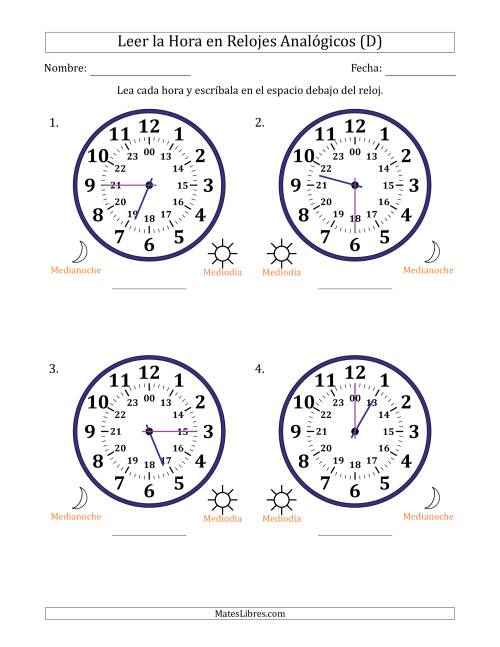 La hoja de ejercicios de Leer la Hora en Relojes Analógicos de 24 Horas en Intervalos de 15 Minuto (4 Relojes Grandes) (D)