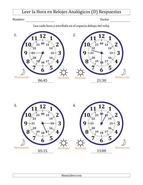 La hoja de ejercicios de Leer la Hora en Relojes Analógicos de 24 Horas en Intervalos de 15 Minuto (4 Relojes Grandes) (D) Página 2