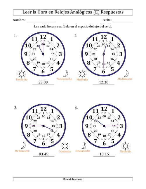 La hoja de ejercicios de Leer la Hora en Relojes Analógicos de 24 Horas en Intervalos de 15 Minuto (4 Relojes Grandes) (E) Página 2