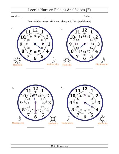 La hoja de ejercicios de Leer la Hora en Relojes Analógicos de 24 Horas en Intervalos de 15 Minuto (4 Relojes Grandes) (F)