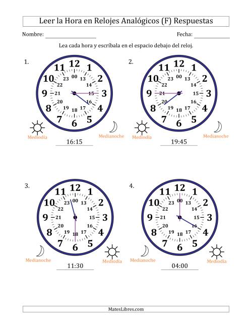 La hoja de ejercicios de Leer la Hora en Relojes Analógicos de 24 Horas en Intervalos de 15 Minuto (4 Relojes Grandes) (F) Página 2