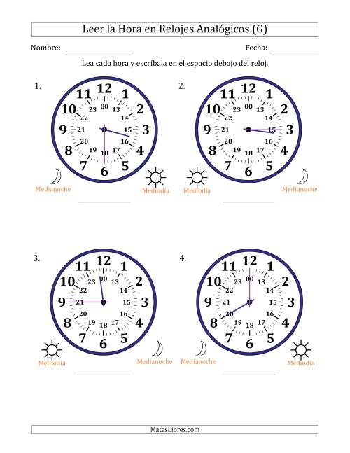 La hoja de ejercicios de Leer la Hora en Relojes Analógicos de 24 Horas en Intervalos de 15 Minuto (4 Relojes Grandes) (G)