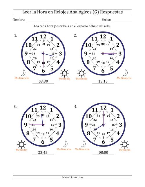La hoja de ejercicios de Leer la Hora en Relojes Analógicos de 24 Horas en Intervalos de 15 Minuto (4 Relojes Grandes) (G) Página 2