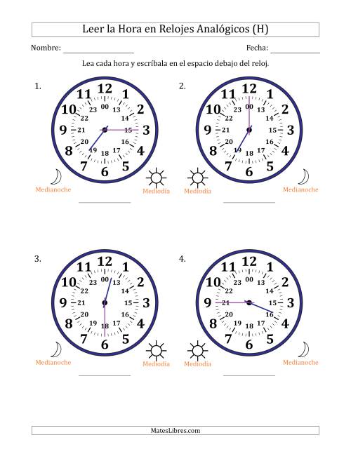 La hoja de ejercicios de Leer la Hora en Relojes Analógicos de 24 Horas en Intervalos de 15 Minuto (4 Relojes Grandes) (H)