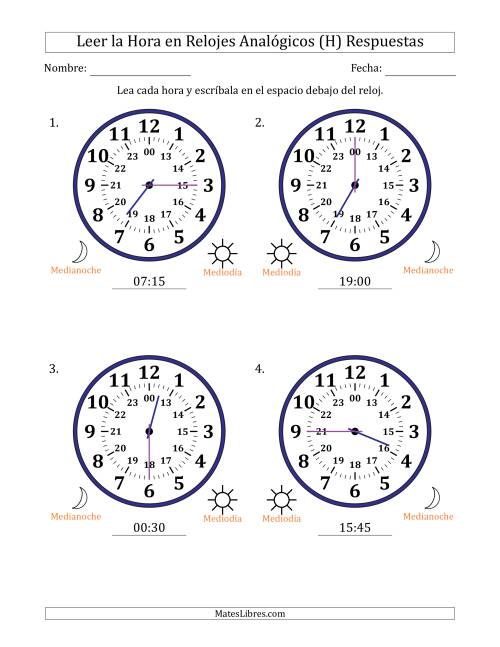 La hoja de ejercicios de Leer la Hora en Relojes Analógicos de 24 Horas en Intervalos de 15 Minuto (4 Relojes Grandes) (H) Página 2