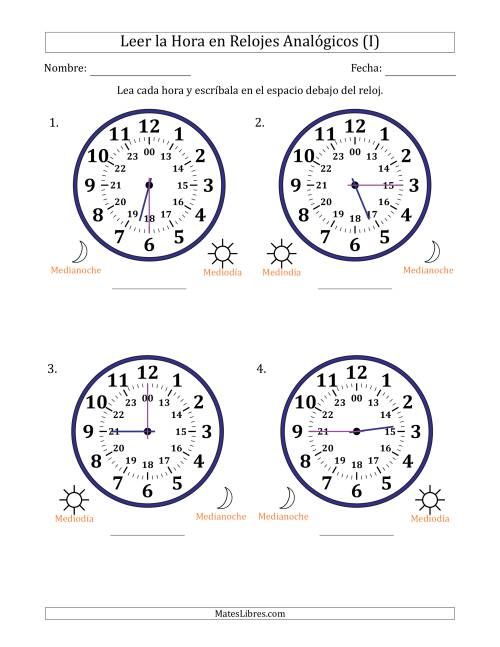 La hoja de ejercicios de Leer la Hora en Relojes Analógicos de 24 Horas en Intervalos de 15 Minuto (4 Relojes Grandes) (I)