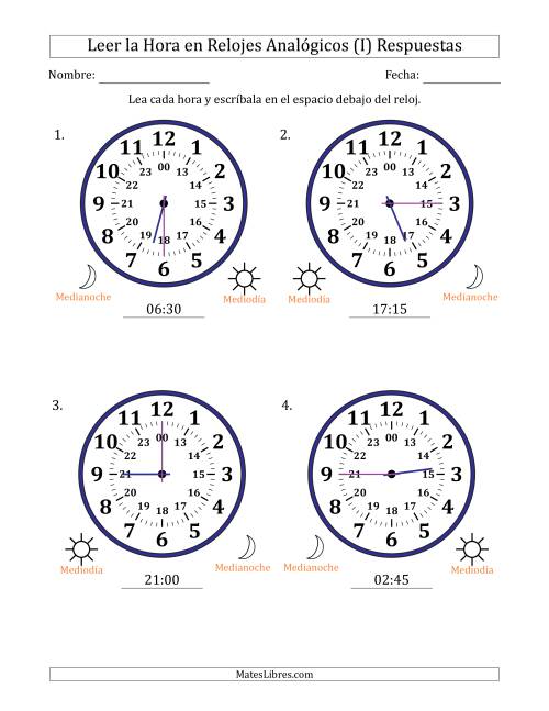 La hoja de ejercicios de Leer la Hora en Relojes Analógicos de 24 Horas en Intervalos de 15 Minuto (4 Relojes Grandes) (I) Página 2