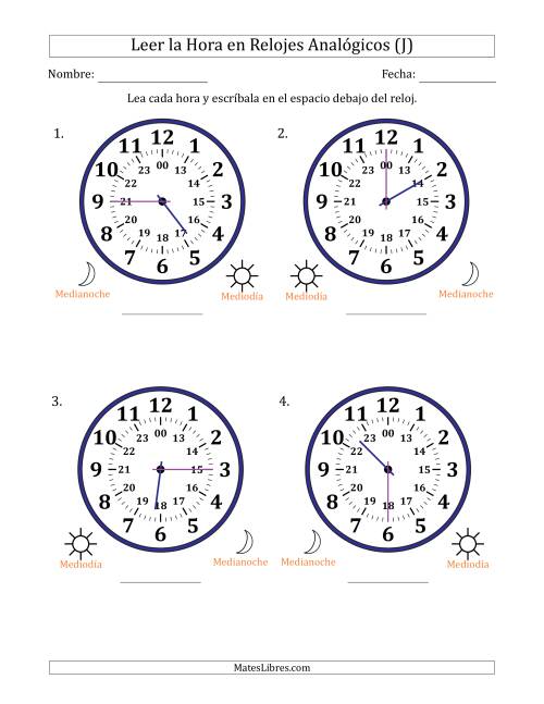 La hoja de ejercicios de Leer la Hora en Relojes Analógicos de 24 Horas en Intervalos de 15 Minuto (4 Relojes Grandes) (J)