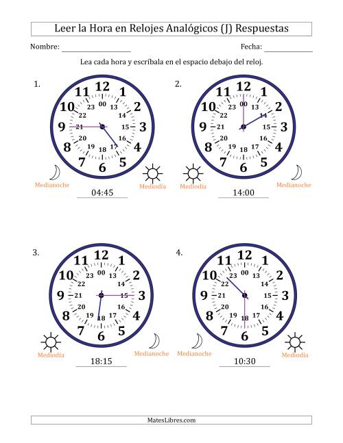 La hoja de ejercicios de Leer la Hora en Relojes Analógicos de 24 Horas en Intervalos de 15 Minuto (4 Relojes Grandes) (J) Página 2