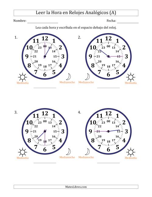 La hoja de ejercicios de Leer la Hora en Relojes Analógicos de 24 Horas en Intervalos de 15 Minuto (4 Relojes Grandes) (Todas)