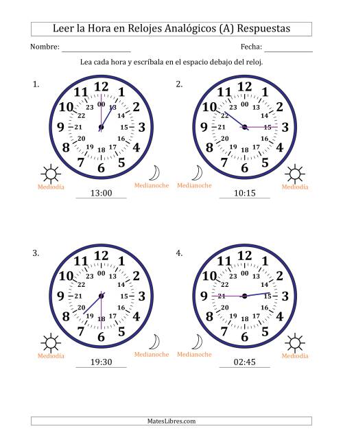 La hoja de ejercicios de Leer la Hora en Relojes Analógicos de 24 Horas en Intervalos de 15 Minuto (4 Relojes Grandes) (Todas) Página 2