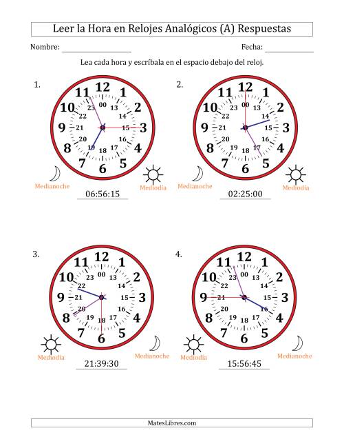 La hoja de ejercicios de Leer la Hora en Relojes Analógicos de 24 Horas en Intervalos de 15 Segundo (4 Relojes Grandes) (A) Página 2