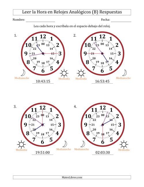 La hoja de ejercicios de Leer la Hora en Relojes Analógicos de 24 Horas en Intervalos de 15 Segundo (4 Relojes Grandes) (B) Página 2