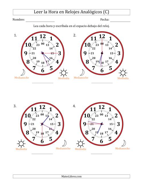 La hoja de ejercicios de Leer la Hora en Relojes Analógicos de 24 Horas en Intervalos de 15 Segundo (4 Relojes Grandes) (C)