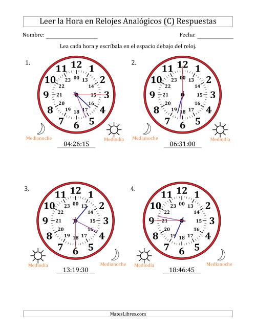 La hoja de ejercicios de Leer la Hora en Relojes Analógicos de 24 Horas en Intervalos de 15 Segundo (4 Relojes Grandes) (C) Página 2