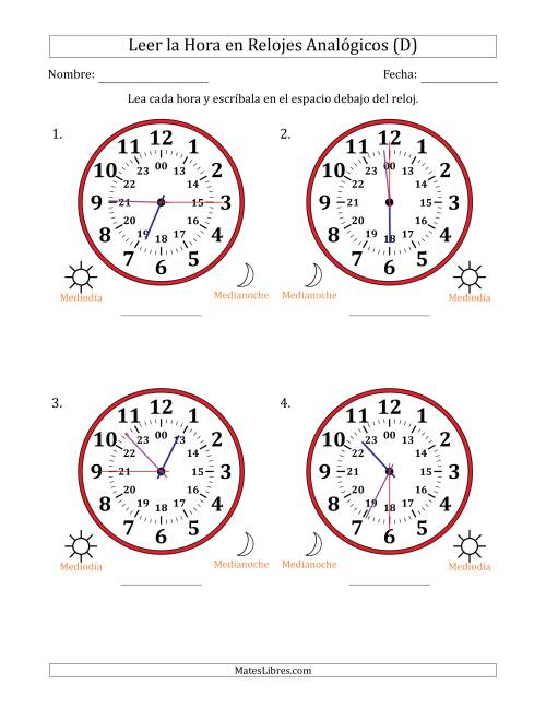 La hoja de ejercicios de Leer la Hora en Relojes Analógicos de 24 Horas en Intervalos de 15 Segundo (4 Relojes Grandes) (D)