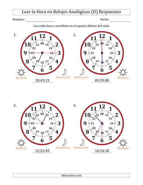 La hoja de ejercicios de Leer la Hora en Relojes Analógicos de 24 Horas en Intervalos de 15 Segundo (4 Relojes Grandes) (D) Página 2